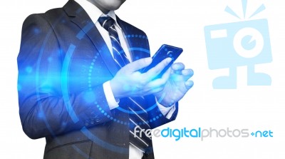 Abstract Technology Concept And Ideas,businessman Using Smartphone,double Exposure Effects Stock Photo