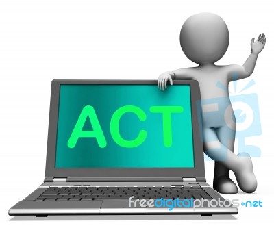 Act On Laptop Shows Motivation Inspire Or Performing Stock Image