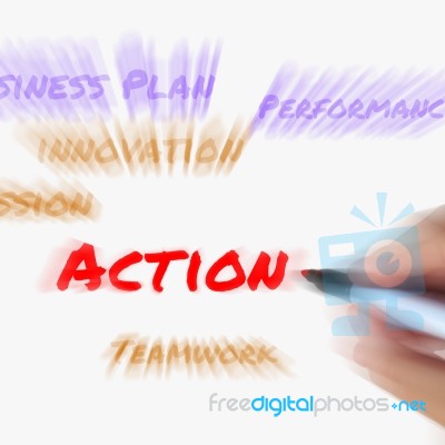 Action Words On Whiteboard Displays Activity Mission And Perform… Stock Image