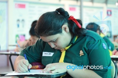 Activity Of Teaching Elementary Students. Elementary Students Are Test Lesson. The Students Intend Exam Stock Photo