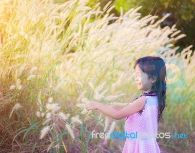 Adorable Little Girl Laughing In A Meadow - Happy Girl At Sunset… Stock Photo