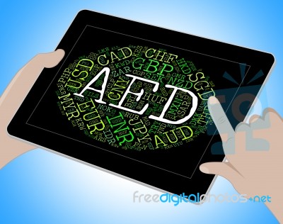Aed Currency Indicates United Arab Emirates And Banknotes Stock Image