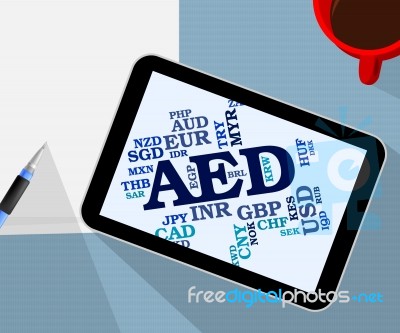 Aed Currency Represents United Arab Emirates And Coinage Stock Image