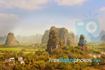 Aerial View At Karst Mountains Near Guilin In China Stock Photo