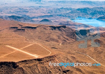 Aerial View Of An Airstrip Next To Lake Mead Stock Photo