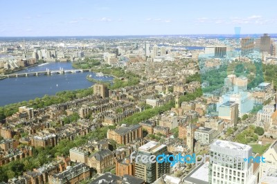 Aerial View Of Boston City Skyline In The Boston Harbor Where Th… Stock Photo