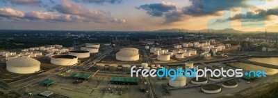 Aerial View Panorama View Of Oil Refinery Storage Tank In Heavy Petrochemical Industry Plant Site Stock Photo