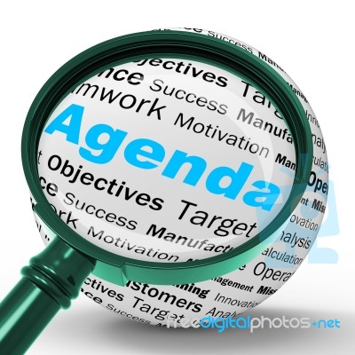Agenda Magnifier Definition Means Schedule Planner Or Reminder Stock Image
