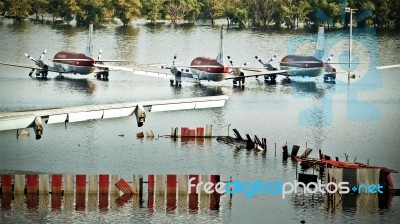 Airplanes Drown In The Flood Stock Photo