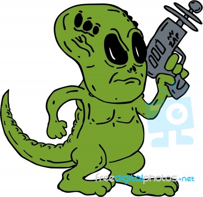 Alien Dinosaur Holding Ray Gun Cartoon Stock Image
