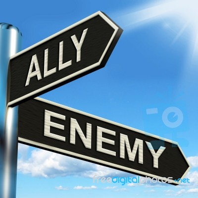 Ally Enemy Signpost Shows Friend Or Adversary Stock Image