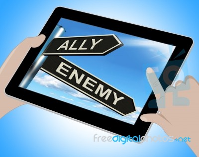 Ally Enemy Tablet Shows Friend Or Adversary Stock Image