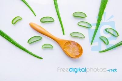 Aloe Vera Fresh Leaves With Aloe Vera Gel On Wooden Spoon. Isola… Stock Photo