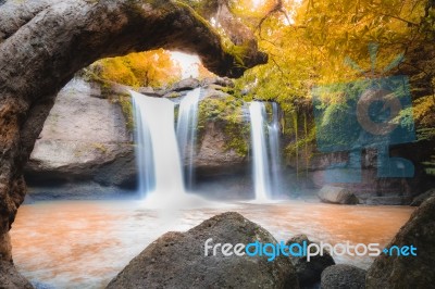 Amazing Beautiful Waterfalls In Autumn Deep Forest At Haew Suwat Waterfall In Khao Yai National Park, Thailand Stock Photo