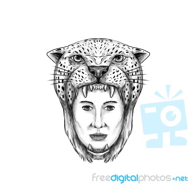 Amazon Warrior Jaguar Headdress Tattoo Stock Image