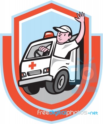 Ambulance Emergency Vehicle Driver Waving Shield Cartoon Stock Image