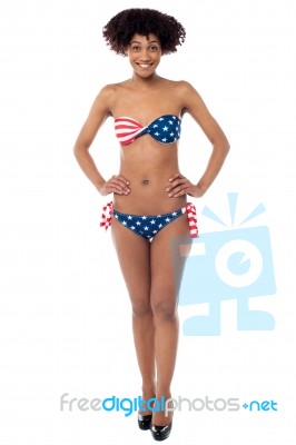 Americal Flag Bikini Model On White Background Stock Photo