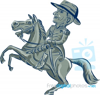 American Cavalry Officer Riding Horse Prancing Cartoon Stock Image