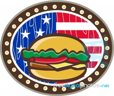 American Cheeseburger Usa Flag Oval Cartoon Stock Image