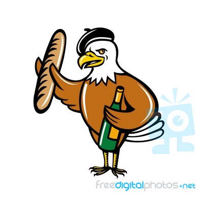 American Eagle Beret Baguette Wine Cartoon Stock Image