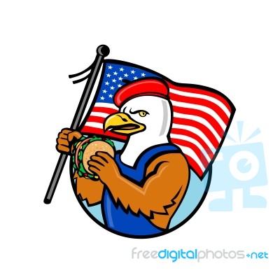 American Eagle Holding Burger And Usa Flag Mascot Stock Image