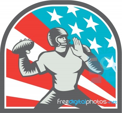 American Football Quarterback Qb Usa Flag Woodcut Stock Image