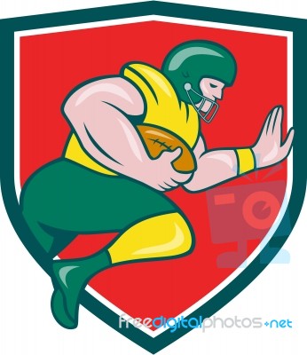 American Football Running Back Charging Crest Cartoon Stock Photo