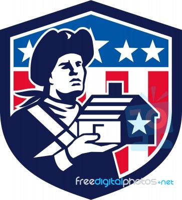 American Patriot Holding House Flag Crest Retro Stock Image