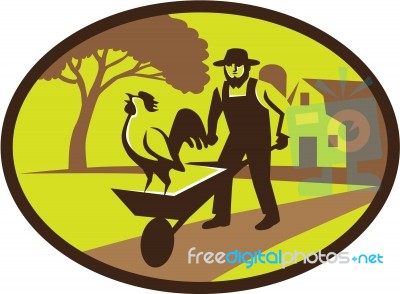 Amish Farmer Rooster Wheelbarrow Farm Oval Retro Stock Image