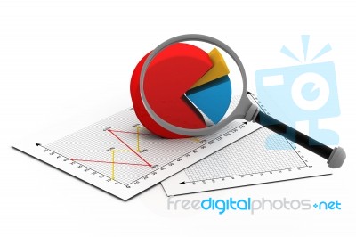 Analysing Business Report, Magnify Glass And Graph Charts Stock Image