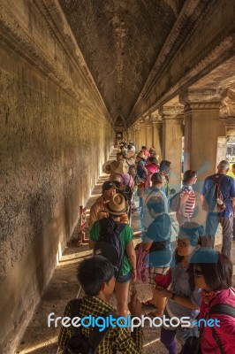 Ancient Corridor At Angkor Wat Stock Photo