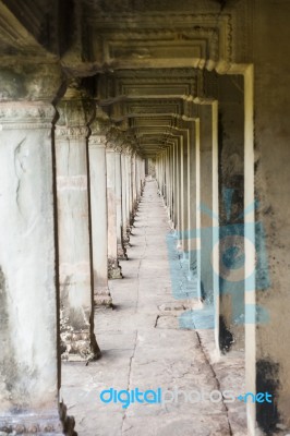 Ancient Corridor At Angkor Wat Stock Photo