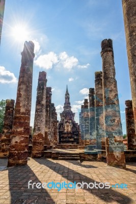 Ancient Pagoda Among The Ruins Pillars Stock Photo