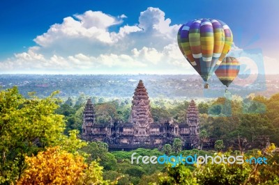 Angkor Wat Temple With Balloon, Siem Reap In Cambodia Stock Photo