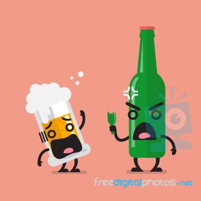 Angry Beer Bottle With Glass Of Beer Character Stock Image