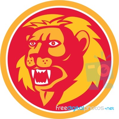 Angry Lion Head Roar Circle Retro Stock Image