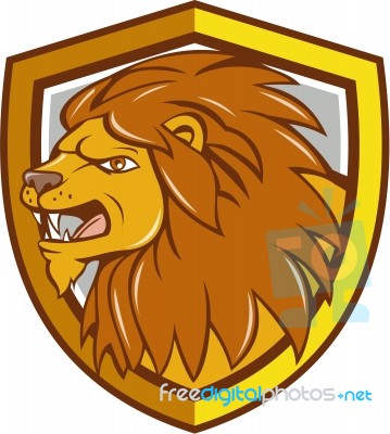 Angry Lion Head Roar Shield Cartoon Stock Image