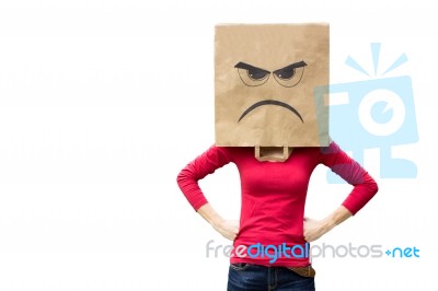 Angry Woman With Paper Bag On Head Stock Photo