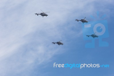 Ansat-u Light Multipurpose Helicopters Fly On Military Parade De… Stock Photo