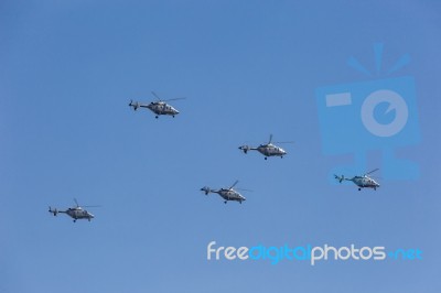 Ansat-u Light Multipurpose Helicopters Fly On Military Parade De… Stock Photo