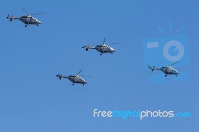 Ansat-u Light Multipurpose Helicopters Fly On Military Parade De… Stock Photo