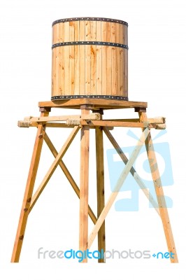 Antique Wooden Water Tower With Steel Ring Stock Photo