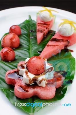 Appetizer Of Watermelon With Ricotta Stock Photo