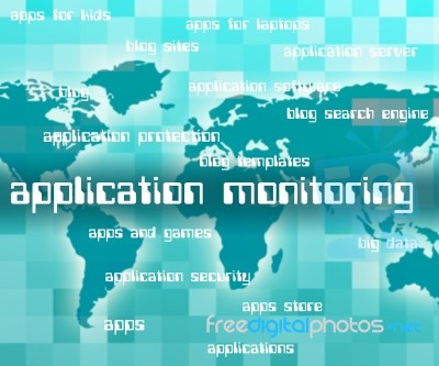 Application Monitoring Shows Observer Words And Apps Stock Image