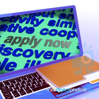 Apply Now Word Cloud Laptop Shows Work Job Applications Stock Image