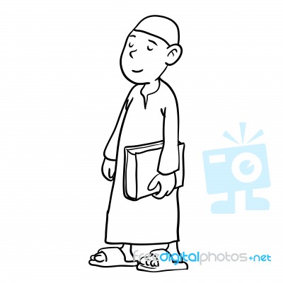Arab Boy Holding A Book, Hand Drawn  Stock Image