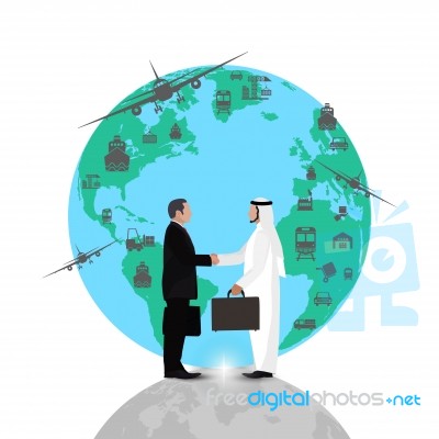 Arab Businessman People Handshake Meeting,on World Background Flat Design.concept Stock Image