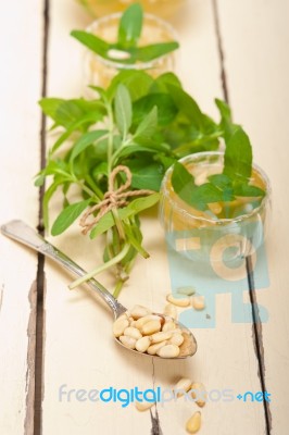 Arab Traditional Mint And Pine Nuts Tea Stock Photo