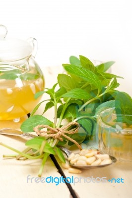 Arab Traditional Mint And Pine Nuts Tea Stock Photo