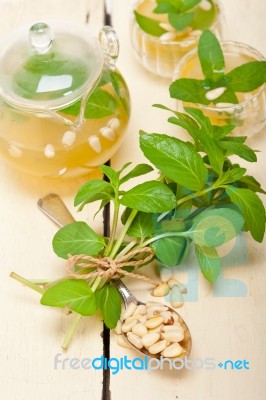 Arab Traditional Mint And Pine Nuts Tea Stock Photo